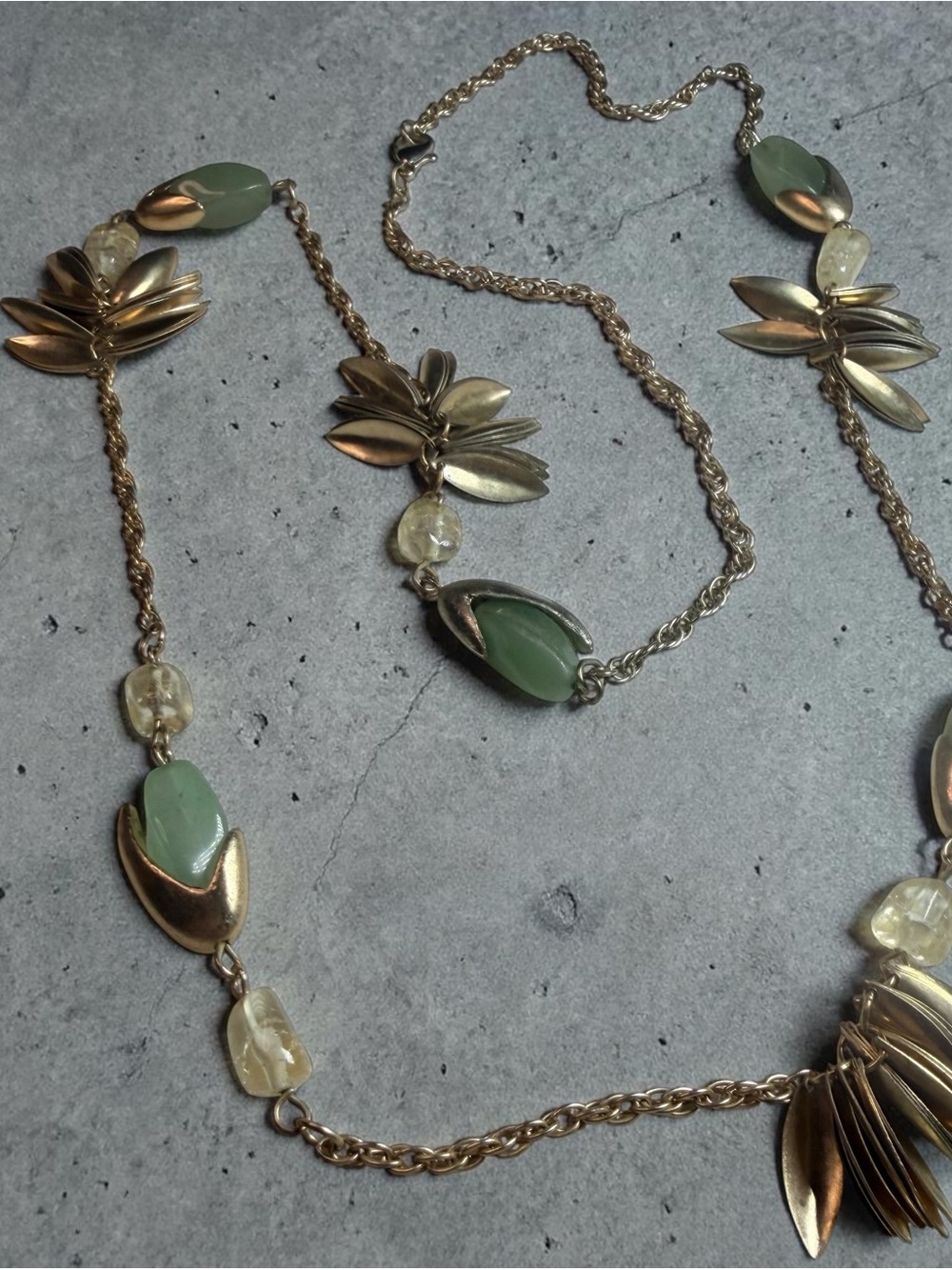 Gold-Tone Necklace with Green Teardrop and Leaf Accents - Women's Jewelry